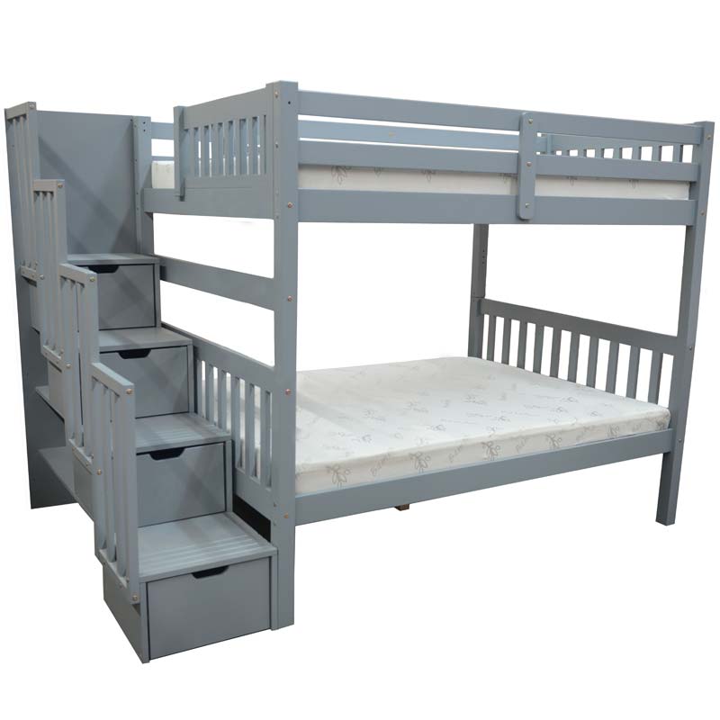 Bellagio solid wood full over full stairway bunk bed in grey with durable solid wood construction and under-bed drawers