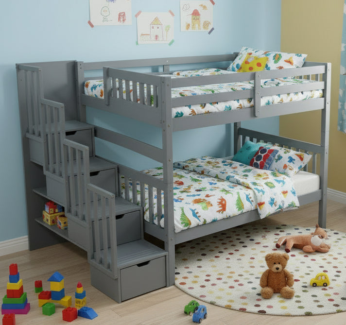 Bellagio solid pine wood double over double stairway bunk bed in grey with durable solid wood construction and under-bed drawers
