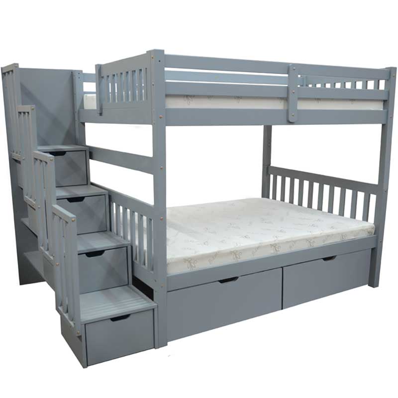 Bellagio solid wood full over full staircase bunk bed in grey with durable solid wood construction and under-bed drawers