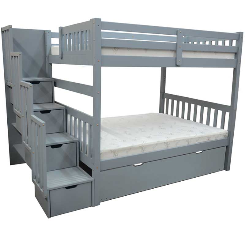 Bellagio grey wood full over full stairway bunk bed with durable solid wood construction and under-bed drawers