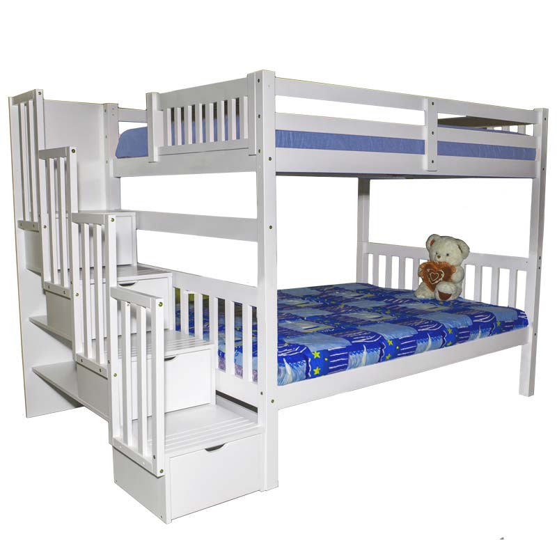 Bellagio white stairway bunk bed with customizable staircase placement and additional under-bed trundle