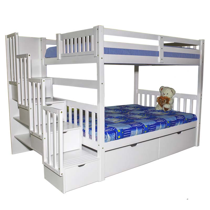Bellagio solid wood white staircase bunk bed with customizable staircase placement and additional under-bed trundle