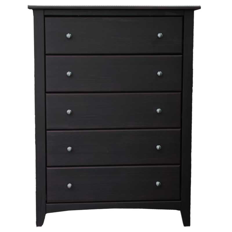 Espresso-finished solid wood 5 drawer chest of drawers featuring a sleek design and durable construction