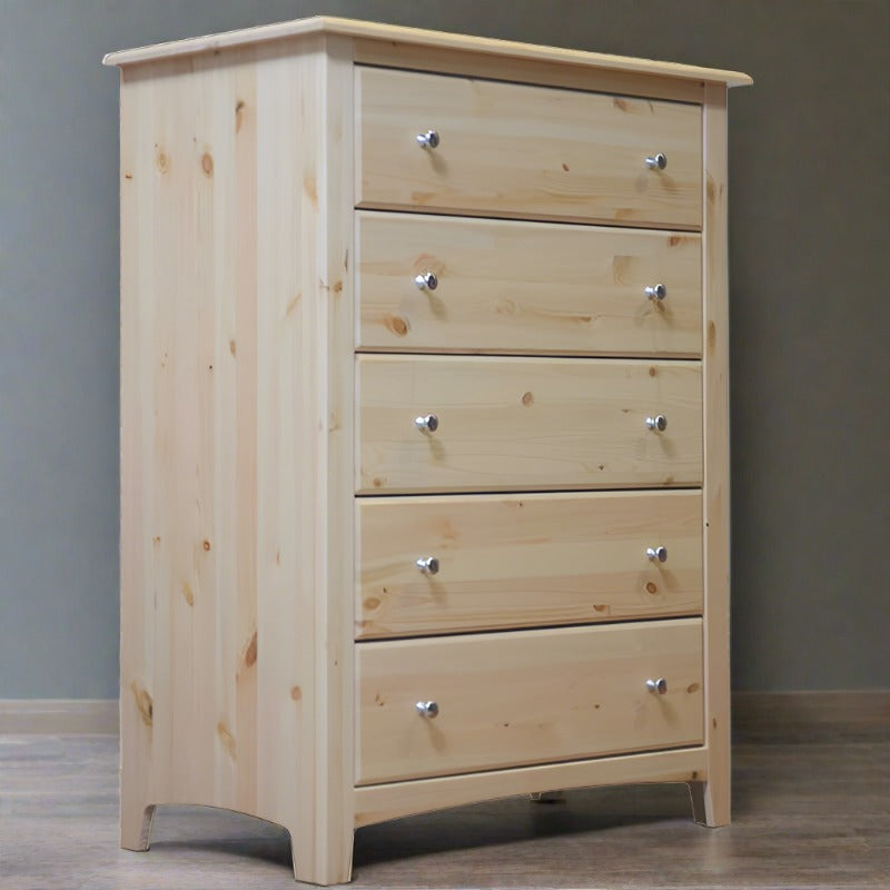 Large solid wood 5 drawer chest of drawers in natural wood with elegant handles and sturdy craftsmanship