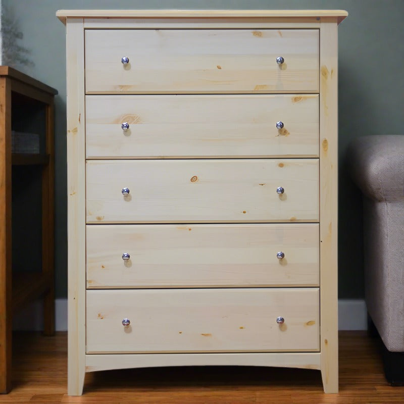 Natural solid wood dresser with five spacious drawers and a rustic finish