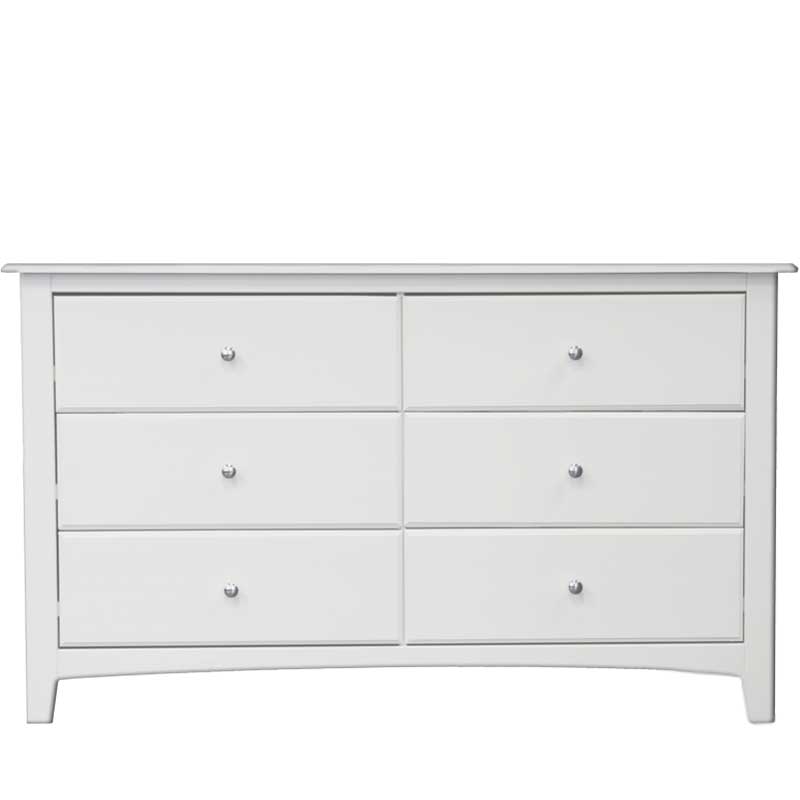 White solid wood dresser with six spacious drawers and a rustic finish