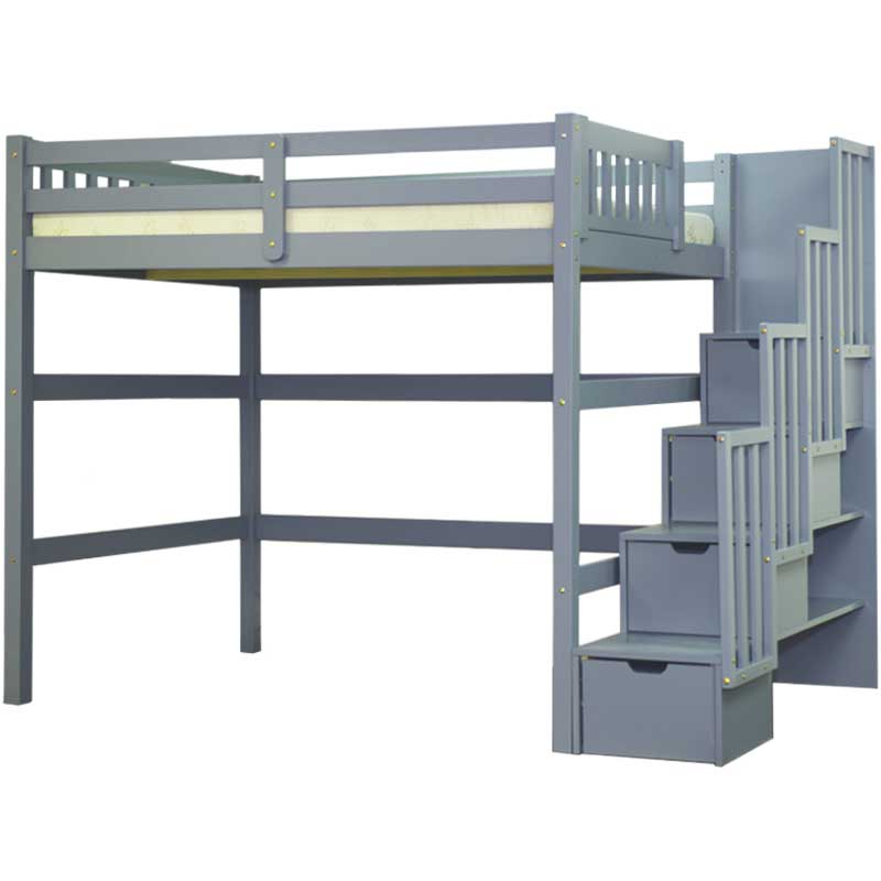 Encore twin loft bed with stairs in grey finish and built-in staircase