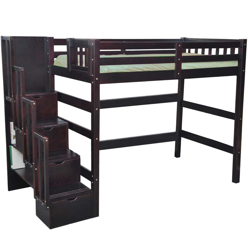 Encore twin stairway loft bed in espresso wood and built-in storage, designed for compact or shared bedrooms