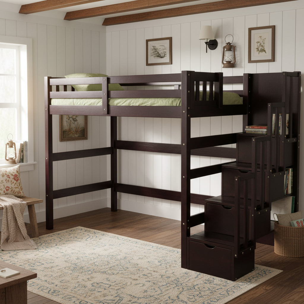 Encore espresso stairway loft bed with customizable staircase placement and additional under-bed trundle