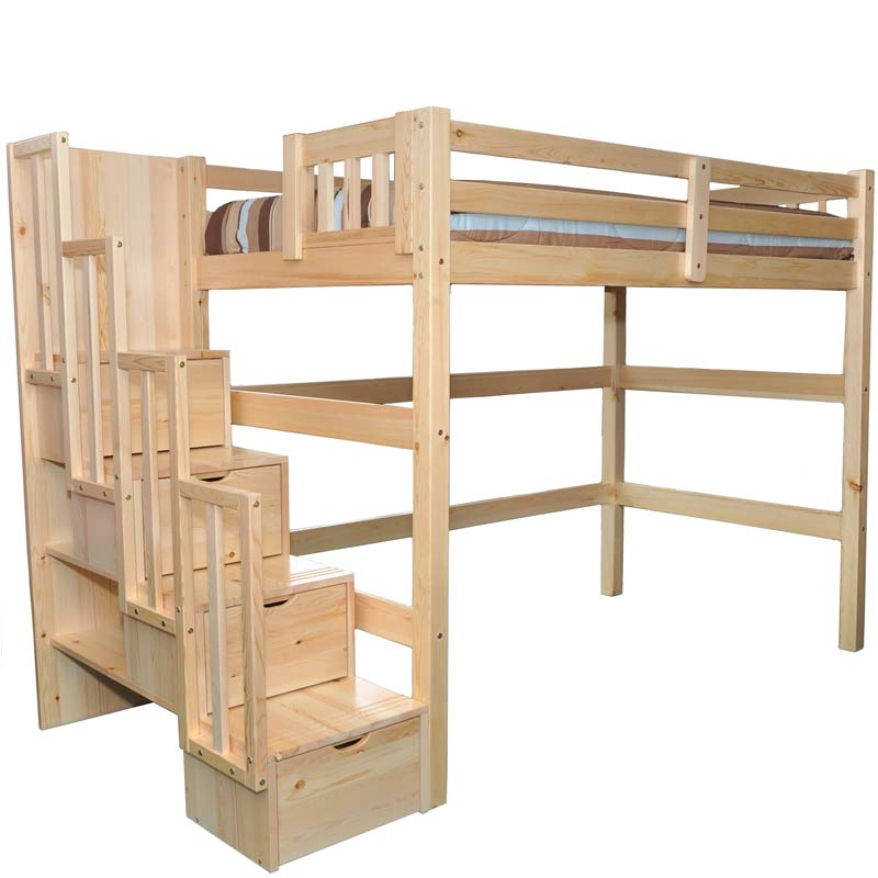 Aria full loft bed with stairs in natural wood and built-in storage, designed for compact or shared bedrooms