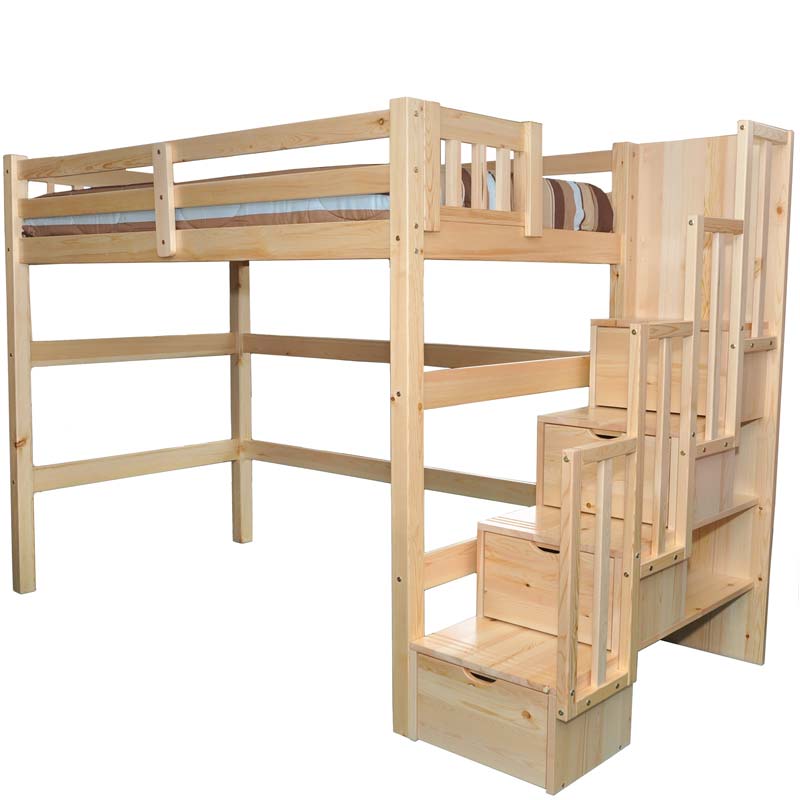 Encore twin Modern design loft bed with stairs in a sleek natural finish, featuring safety-focused wide steps and extra storage
