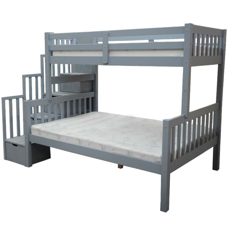 Flamingo solid wood twin over full bunk bed with stairs grey with durable solid wood construction and under-bed drawers