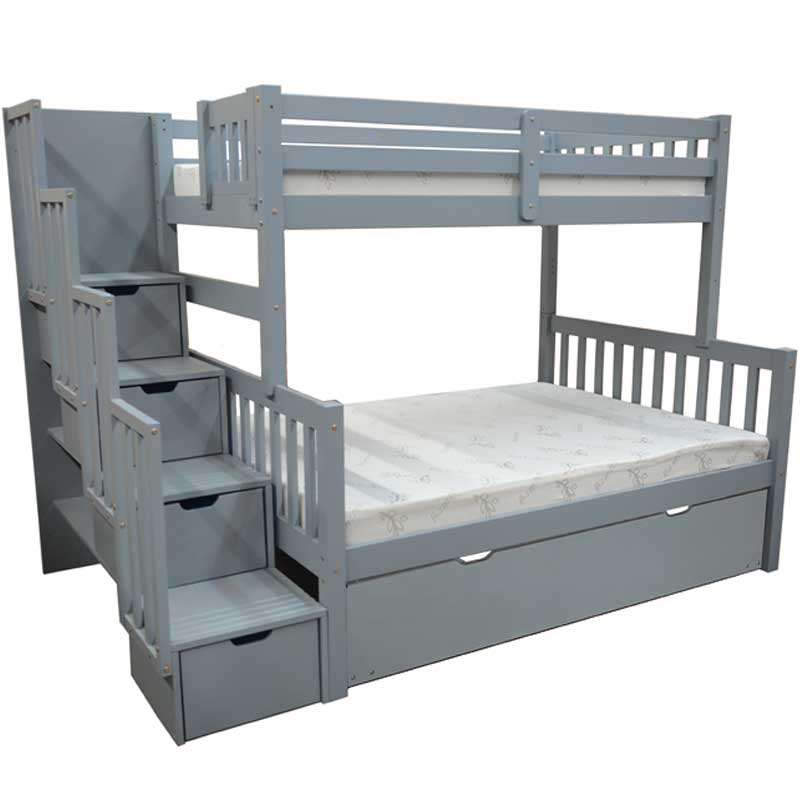 Flamingo solid wood twin over full stairway bunk bed in grey with durable solid wood construction and under-bed drawers
