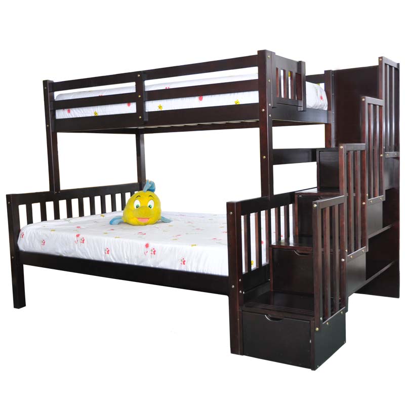 Flamingo twin over full bunk bed with stairs in espresso finish, featuring a sturdy solid wood frame, and splittable design