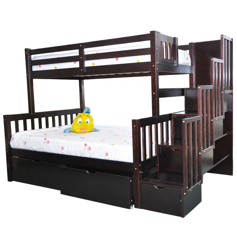 Flamingo single over double bunk bed with stairs in espresso finish, featuring a sturdy solid wood frame, drawers and splittable design