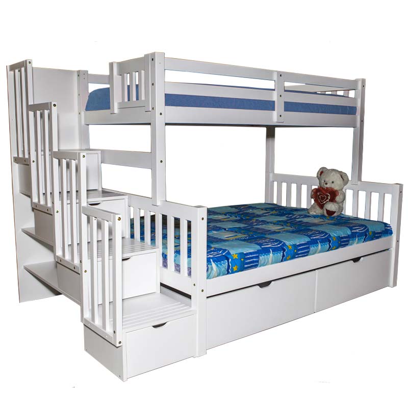 Flamingo twin over full bunk bed with stairs in white finish, featuring a sturdy solid wood frame, drawers and splittable design