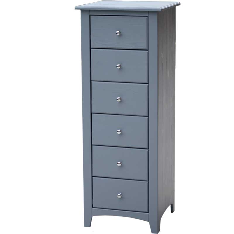Compact solid wood chest with six drawers in grey, perfect for smaller bedrooms