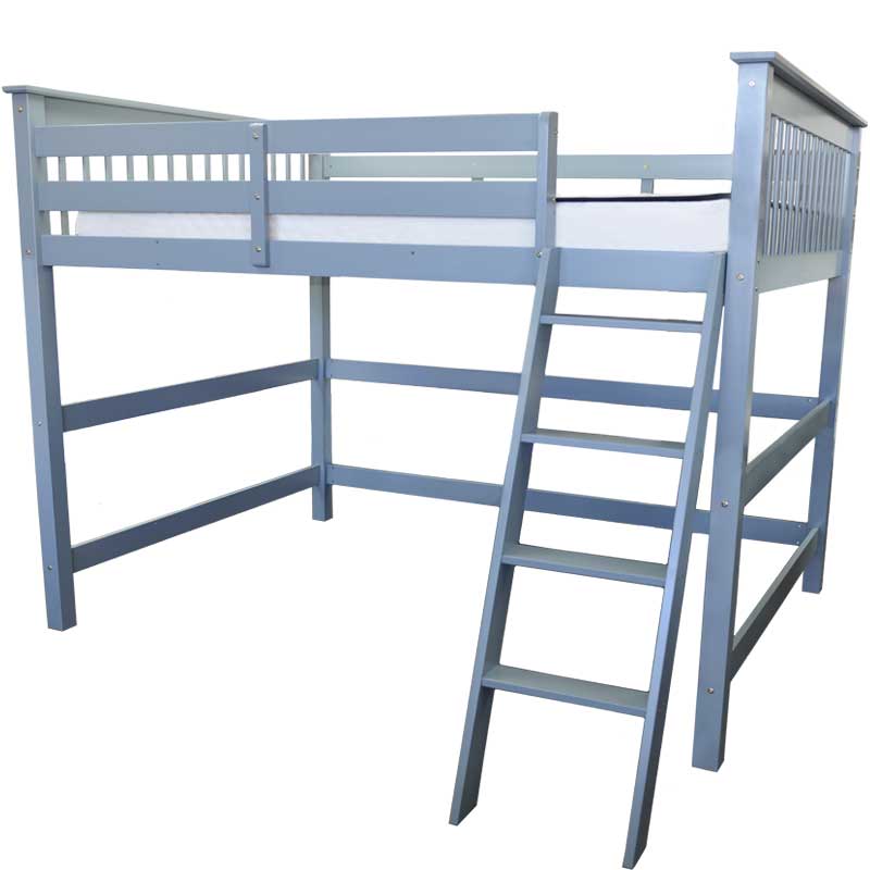 Modern grey loft bed with ladder access, ideal for kids and teens in small bedrooms
