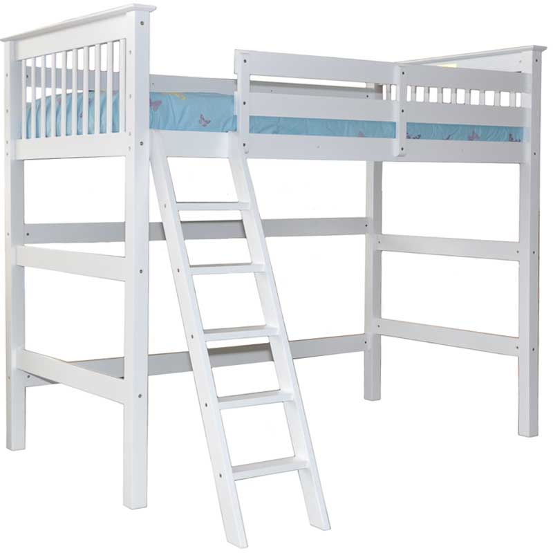 Humboldt full-size loft bed in white with customizable storage and workspace setup