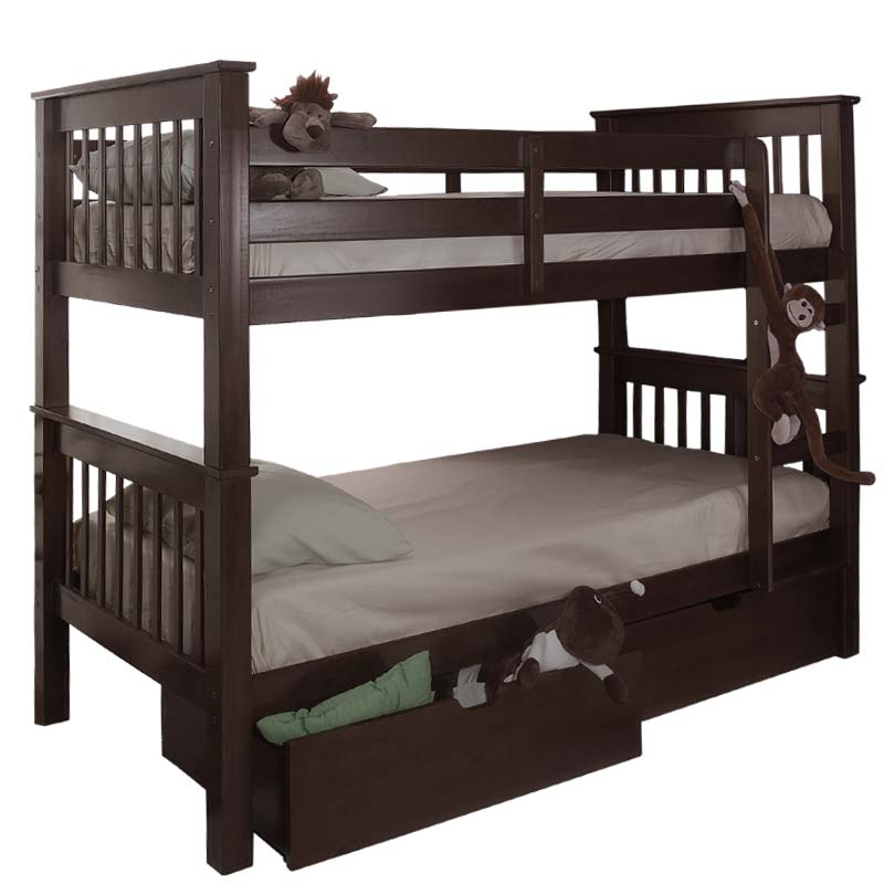 Shannon twin over twin espresso solid pine wood bunk bed with front ladder and drawers, ideal for shared bedrooms or guest rooms