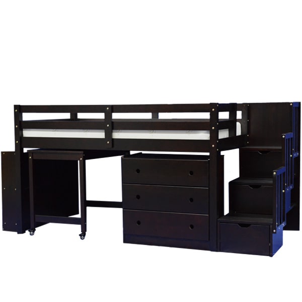 junior-low-loft-bed-with-stairs, desk-chest-and-bookcase-espresso