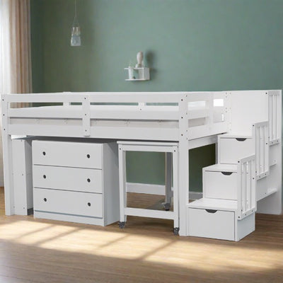 Junior Stairway Mid Loft Bed with Desk & Storage White