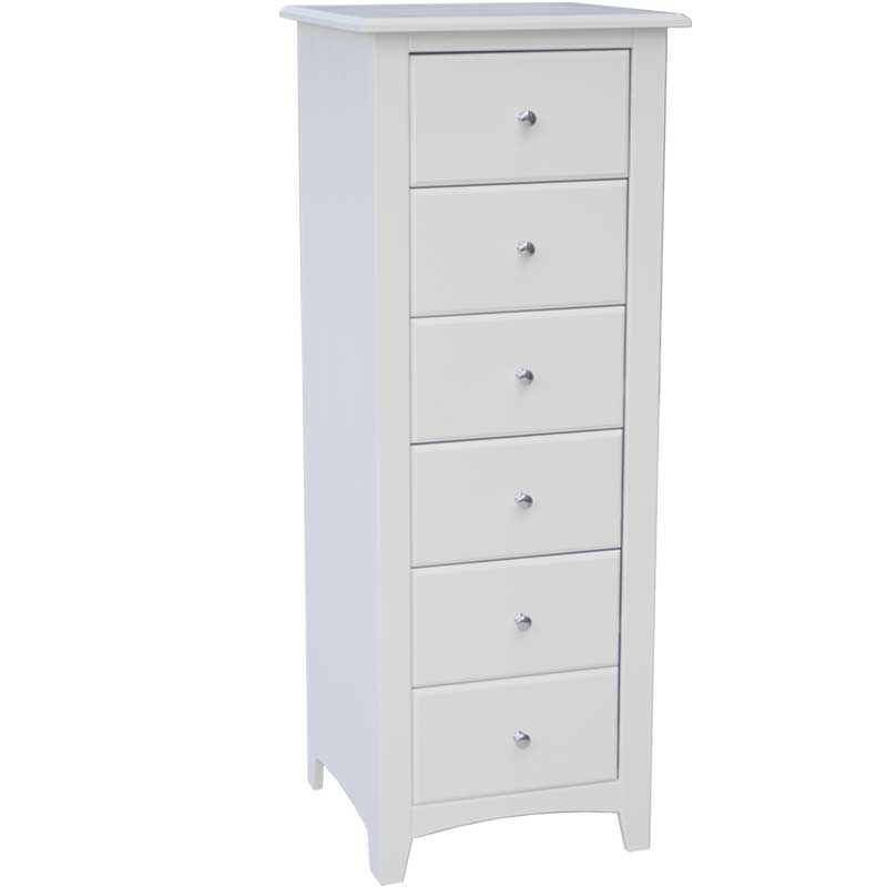 Compact tall solid wood white chest with six drawers, perfect for smaller bedrooms