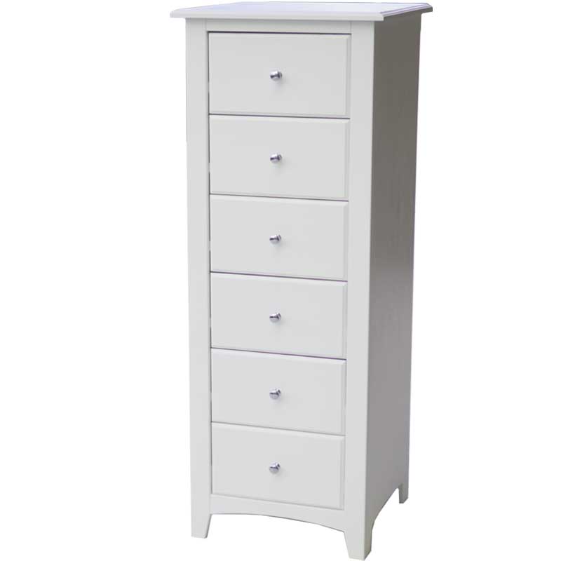 Compact solid wood chest of drawers with six drawers in white, perfect for smaller bedrooms