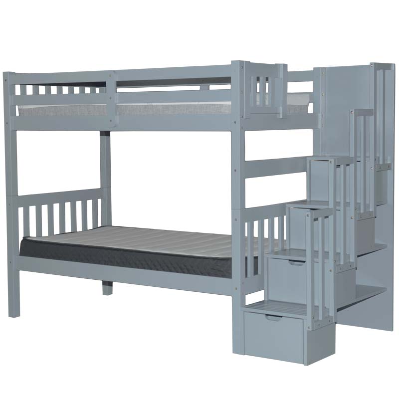 Wynn single over single bunk bed with stairs in rich grey finish and customizable staircase placement