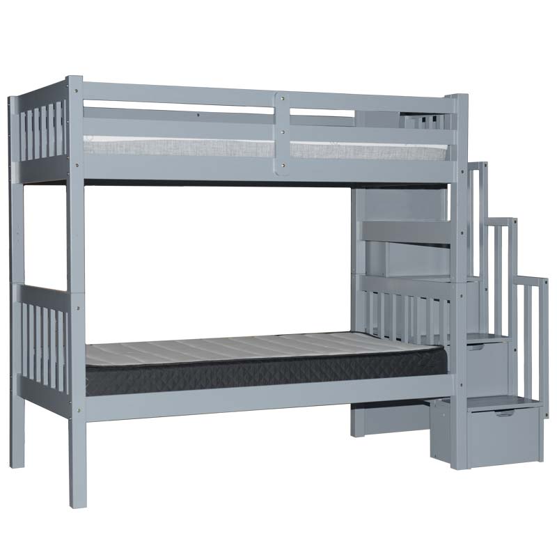 Wynn twin over twin bunk bed with stairs in grey finish and built-in staircase