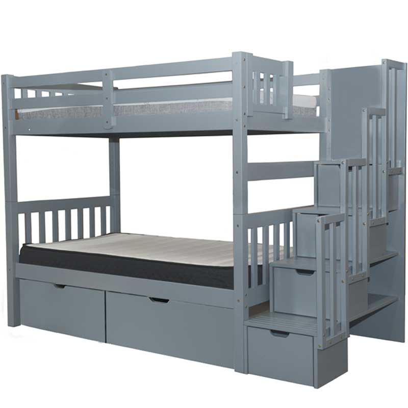 Wynn twin over twin bunk bed with stairs in grey finish and built-in staircase and drawers underneath