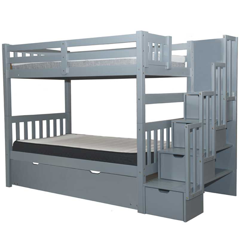 Wynn twin over twin bunk bed with stairs in grey finish and customizable staircase placement