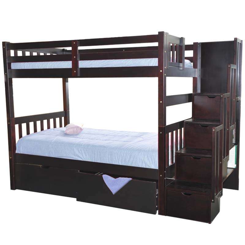 Wynn twin over twin bunk bed with stairs in espresso finish, featuring a sturdy solid wood frame, drawers and splittable design