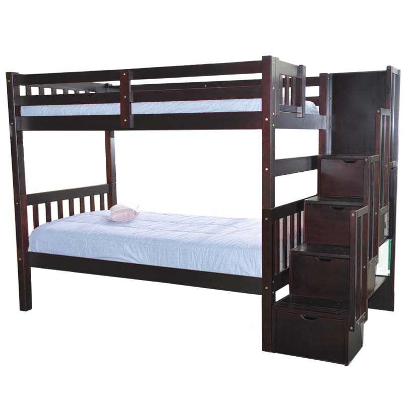 Wynn twin over twin bunk bed with stairs in espresso finish, featuring a sturdy solid wood frame, and splittable design