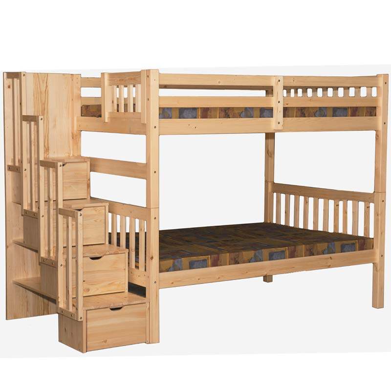 Stylish natural wood stairway bunk bed with optional trundle or storage for toys and bedding, ideal for kids and teens
