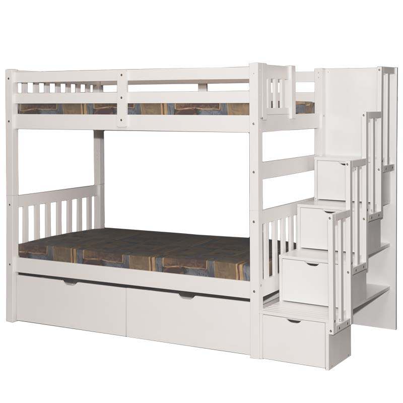 Wynn Stylish white stairway bunk bed with storage for toys and bedding, ideal for kids and teens