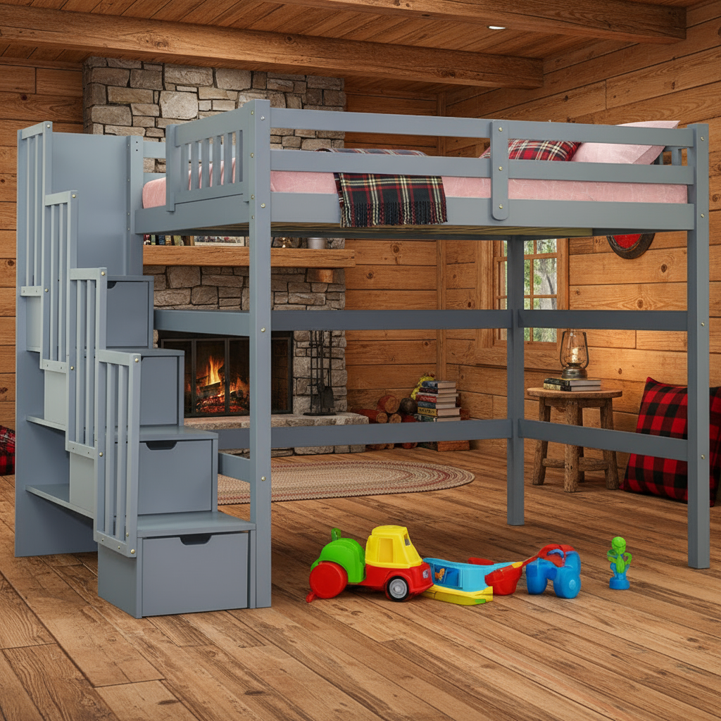 Aria Stairway Full Loft Bed Grey