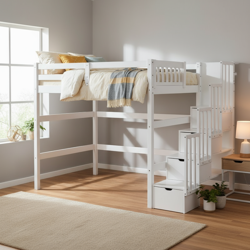 Encore Stairway Twin Loft Bed White