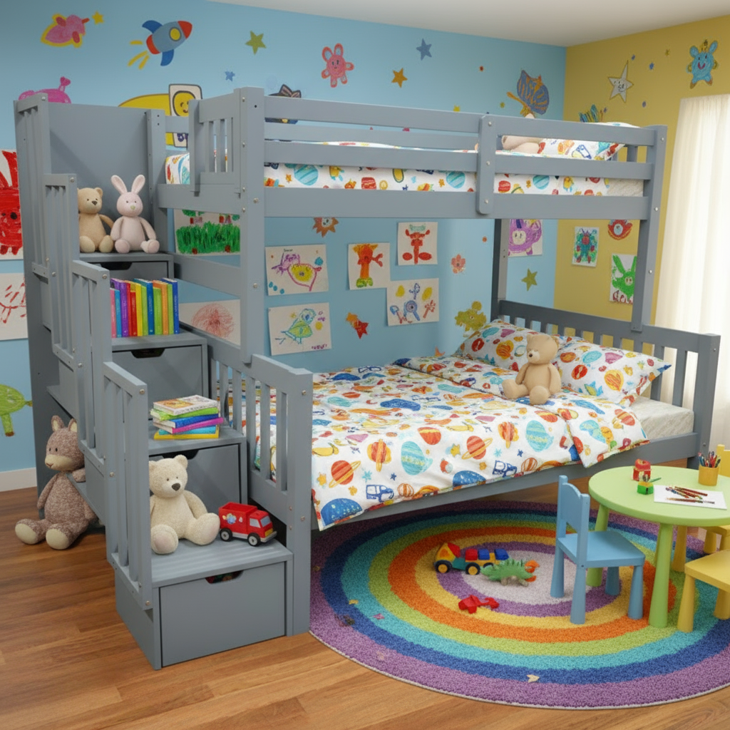 Flamingo Stairway Twin over Full Bunk Bed Grey