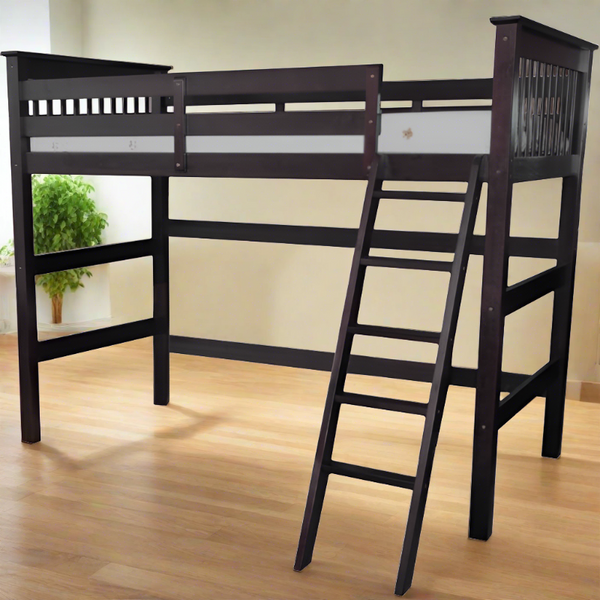 HUMBOLDT SOLID WOOD TWIN high loft bed in dark finish with a ladder for compact spaces