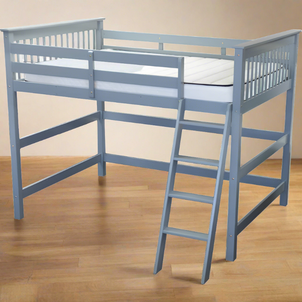 HUMBOLDT single solid wood high loft bed in grey finish with a ladder for compact spaces