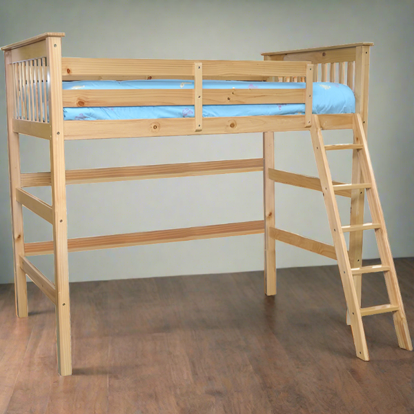 HUMBOLDT SOLID WOOD high loft bed in natural finish with a ladder for compact spaces