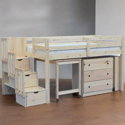 Junior Stairway Mid Loft Bed with Desk & Storage Natural