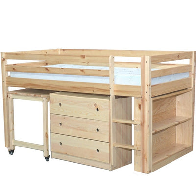 Junior Twin Low Loft Bed with Desk, Chest and Bookcase Natural