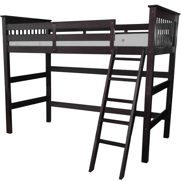 Humboldt full solid wood espresso loft bed with angle ladder access, ideal for kids and teens in small bedrooms 