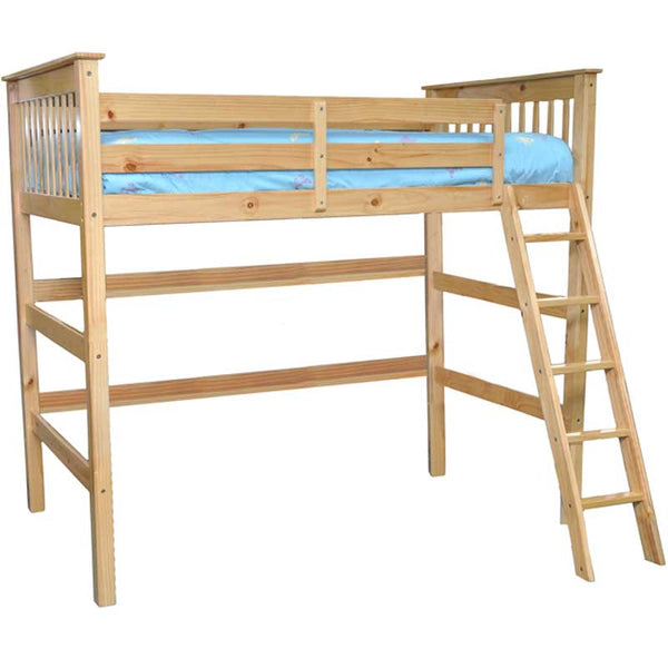 humboldt full solid wood natural loft bed with angle ladder access, ideal for children and teens in small bedrooms 